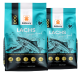 Zwei Beutel Balloony Dog Lachs Superfood, mit einer Lachsillustration, beschriftet mit "Formuliert für Verdauungsbalance," jeweils 500g.
