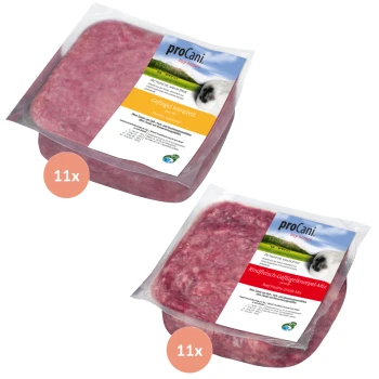 Zwei proCani Haustierfutterpakete: eines "Geflügel komplett" und eines "Rindfleisch-Geflügelknorpel-Mix", beide mit 11x Menge.