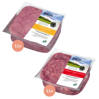 Zwei proCani Haustierfutterpakete: eines "Geflügel komplett" und eines "Rindfleisch-Geflügelknorpel-Mix", beide mit 11x Menge.