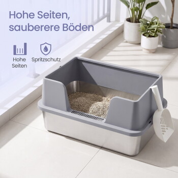 Graue Katzentoilette mit hohen Seiten und Schaufel; sichtbarer Text: „Hohe Seiten, sauberere Böden“ und „Spritzschutz“.