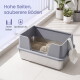 Graue Katzentoilette mit hohen Seiten und Schaufel; sichtbarer Text: „Hohe Seiten, sauberere Böden“ und „Spritzschutz“.