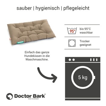 Braunes Hundebett mit gepolstertem Design, mit der Aufschrift "Doctor Bark", mit Waschhinweisen bis 95 °C und Trocknereignung.