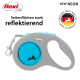 Grau-blaues, ausziehbares Hundeleinen mit einem Wabenmuster, Hundesilhouette und dem Text: "NEW NEON," "Seitenflächen stark," "reflektierend."