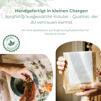 Hände halten getrocknete Kräuter über einer Schüssel und eine Person hält eine braune Papiertüte mit leerem weißen Etikett, Text auf Deutsch über handgefertigte Kleinserien und natürliche Zutaten.