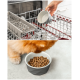Hand, die eine graue geometrische Haustierschale in die Spülmaschine stellt; orangefarbene Katze frisst Trockenfutter aus derselben Schale auf dem Boden.