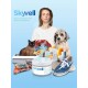 Skywell geurverwijderingsgel met natuurlijke ingrediënten, omringd door een kat, hond, vuile was en verschillende stinkende items.