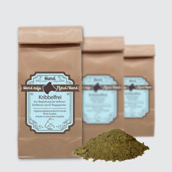 Braune Papiertüte mit der Aufschrift "Kribbelfrei" für Hunde, die ein Kräuterergänzungspulver für Würmer, Parasiten und Allergieunterstützung enthält.