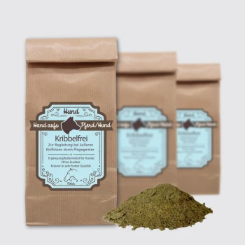 Braune Papiertüte mit der Aufschrift "Kribbelfrei" für Hunde, die ein Kräuterergänzungspulver für Würmer, Parasiten und Allergieunterstützung enthält.
