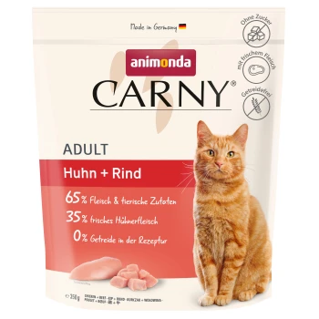 Carny Trockenfutter Katze Adult Huhn und Rind 350 g Eine Verpackung von Animonda Carny Katzenfutter für Erwachsene, mit Huhn und Rind, 65% Fleisch und tierische Zutaten, 35% frisches Huhn und ohne Getreide.