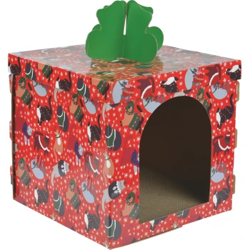 Red holiday cat house with cat-print pattern, arched entrance, scratch pad inside and green clover topper.