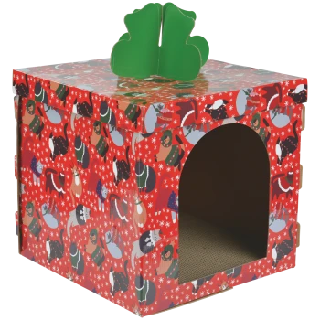 Red holiday cat house with cat-print pattern, arched entrance, scratch pad inside and green clover topper.