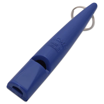 Blaues Acme Hundetrainingspfeife mit Trageband, geprägt mit dem Text „ACME Made in England“.