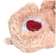 Un lit pour animaux de compagnie en peluche, rose clair, avec un coussin chauffant rouge en forme de cœur caché à l'intérieur, avec un bouton d'alimentation.