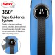 Blue flexi dog leash featuring a 360° tape guidance system, with text explaining its jam-free extension capabilities.