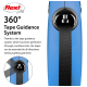 Blue flexi dog leash featuring a 360° tape guidance system, with text explaining its jam-free extension capabilities.