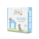 Mjamjam Welpenbox-Verpackung mit einem blauen Hundehäuschen, verspielten Hundillustrationen und dem Text "WELPENBOX WILKOMMEN DAHEIM!"