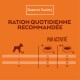 Tableau des rations quotidiennes recommandées de nourriture pour chien Nature's Variety selon le poids (kg) et le niveau d'activité avec quantités en grammes.