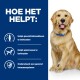 Golden retriever met een blauwe halsband naast tekst over voordelen: gewrichtsgezondheid, spiermassa en immuunondersteuning.