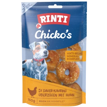 RINTI Chicko's Beutel mit Hundebild und Hähnchen‑Ringleckerlis; Beschriftung 'ANTI-BELAG', '5x Dauer-Kauring', 150 g.