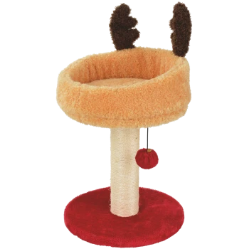 Plüsch-Kratzbaum für Katzen mit rundem orangefarbenem Bett, gehörnartigen braunen Ohren, Sisal-Kratzpfosten, rotem Sockel und hängendem rotem Bommel.
