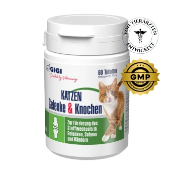 Behälter mit GIGI Katzen Gelenk- und Knochen-Tabletten, mit einem Katzenbild, dem Text "KATZEN Gelenke & Knochen" und einem "GMP Certified"-Abzeichen.