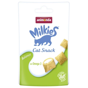 Pochette Animonda Milkies Cat Snack, logo chat bleu, mentions 'Balance', 'avec oméga-3', pastille 'sans céréales', friandises croustillantes oreiller fourrées au lait