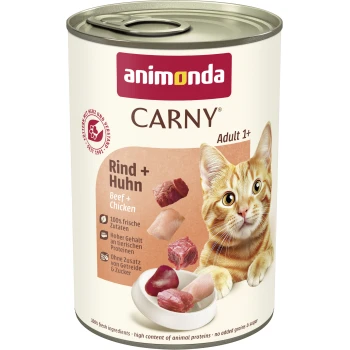 Blik Animonda CARNY kattenvoer (Adult 1+) met oranje gestreepte kat, opschrift 'Rind + Huhn / Beef + Chicken' en vleesstukjes