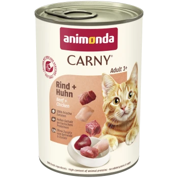 Dose Animonda CARNY Katzenfutter (Adult 1+) mit orange-getigerter Katze, Aufschrift 'Rind + Huhn / Beef + Chicken' und Fleischstücken.