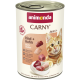 Dose Animonda CARNY Katzenfutter (Adult 1+) mit orange-getigerter Katze, Aufschrift 'Rind + Huhn / Beef + Chicken' und Fleischstücken.