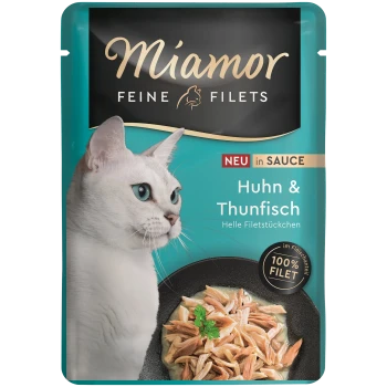 Pochette de nourriture pour chat Miamor avec chat blanc et bol de filets ; mentions « Miamor Feine Filets », « NEU in SAUCE », « Huhn & Thunfisch », « 100% FILET »