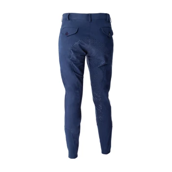 Marineblaue Reitleggings mit einem strukturierten Grip-Bereich am Sitz und zwei Gesäßtaschen, vor einem weißen Hintergrund präsentiert.