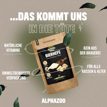 Verpackung des "Bierhefe" Haustierergänzungsmittels von Alphazoo, mit natürlichen Vitaminen, umweltfreundlicher Verpackung und geeignet für alle Rassen und Altersgruppen.