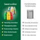 Links: SmoothieDog-Flaschen auf grünem Hintergrund mit deutschen Angaben wie 'Zuckerfrei', 'Kalorienarm'; rechts: graue Tasche mit Titel 'Herkömmliche Hundesnacks'.