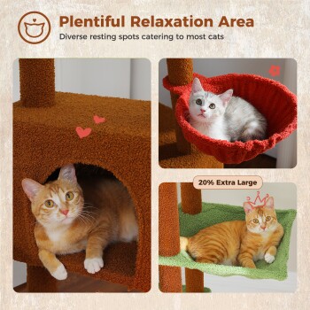 Geräumiger Entspannungsbereich mit einem gemütlichen Katzenbaum mit verschiedenen Ruheplätzen, einschließlich eines Verstecks und zwei Hängematten.