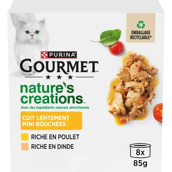 Boîte Purina GOURMET Nature's Creations, chat blanc, morceaux de poulet et de dinde cuits lentement, 8 x 85 g, recyclable
