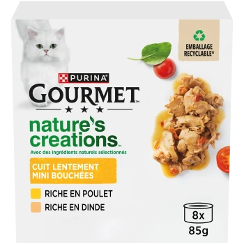 Purina GOURMET Nature's Creations kattenvoerdoos, witte kat, langzaam gegaarde stukjes kip en kalkoen, 8x85 g, recyclebaar