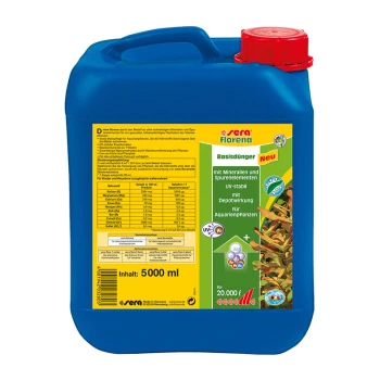florena 5 l Blauer Behälter mit Sera Florena Aquarienpflanzen-Dünger, 5000 ml, mit Nährwertinformationen und Ansprüchen auf UV-Stabilität und Mineralgehalt.