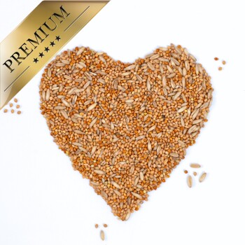 Herzförmige Anordnung verschiedener Samen auf einem weißen Hintergrund, mit einem goldenen "PREMIUM"-Label in der oberen Ecke.