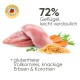 Rohe Hühnerfilets mit glutenfreiem braunem Reis, Erbsen und Karotten, mit dem Text: "72% leicht verdauliches Geflügel + glutenfreier Reis, Erbsen & Karotten."