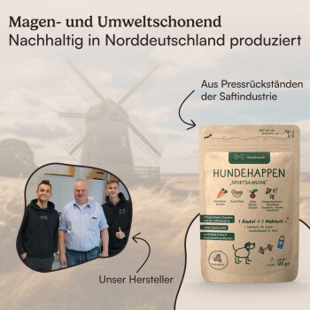 Hundehappen Sportskanone Haustierleckerlis-Verpackung, hebt vegane Zutaten wie Karotten und Rote Beete hervor, nachhaltig hergestellt in Norddeutschland.