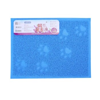 Blaues Haustierpflege-Matte mit Pfotenabdruck-Designs, mit einem Etikett, das "Nobieza" und Größenangaben (46x30cm) zeigt.