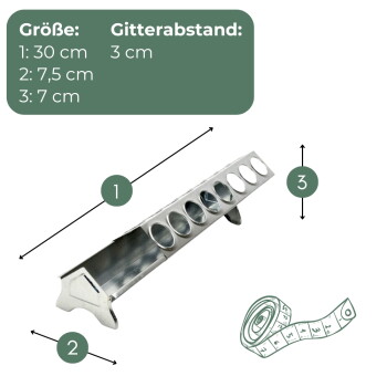 Metall-Geflügelfutterautomat mit runden Schalen und Pfeilen. Sichtbarer Text: 'Größe' Angaben 30 cm, 7,5 cm, 7 cm; 'Gitterabstand: 3 cm'.