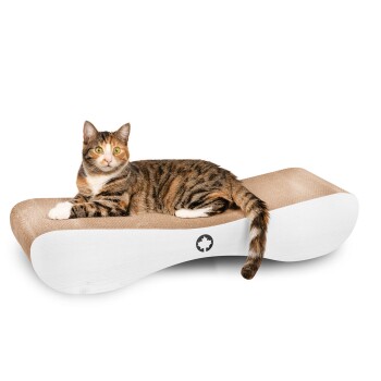 Eine getigerte Katze, die auf einem modernen, geschwungenen Katzenkratzbaum mit einer beigen Oberfläche und einem weißen Sockel liegt, mit einem kleinen Logo.