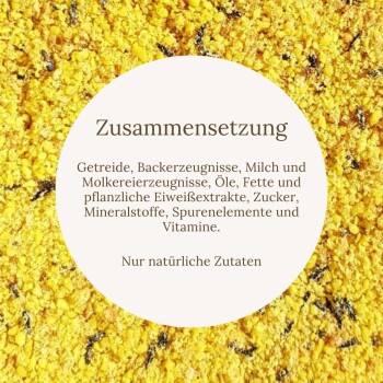 Zusammensetzung: Getreide, Backerzeugnisse, Milch, Öle, Fette, pflanzliche Eiweißextrakte, Zucker, Mineralstoffe, Vitamine. Nur natürliche Zutaten.