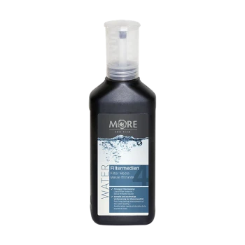 Bottle of "MORE for Fish" water filter media, black with blue accents, labeled in multiple languages about water quality improvement.