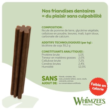 Friandises dentaires Whimzees pour animaux avec ingrédients, informations nutritionnelles, sans additifs artificiels et étiquette « Faible en calories » en français.