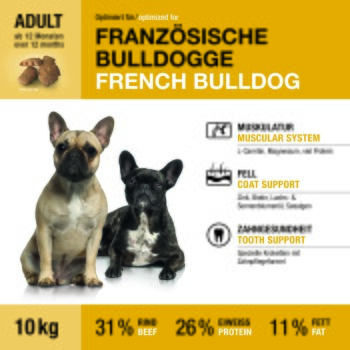 Erwachsenen-Hundefutterpackung für Französische Bulldogge mit zwei Hunden; zeigt 'FRANZÖSISCHE BULLDOGGE / FRENCH BULLDOG', 'ADULT', 10 kg.