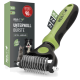 Zweiseitige Unterwollbürste mit ergonomischem Griff in Grün und Schwarz, in einer Box mit der Aufschrift 'REAVET Unterwoll Bürste', die behauptet, das Haaren um 90% zu reduzieren.