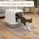 Getigerte Katze steigt aus einer geschlossenen Katzentoilette auf eine beige Streumatte im Wohnzimmer; Banner: 'Modernes Design & starke Funktion'.