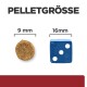 Bild, das zwei Haustierfutterpellets zum Größenvergleich zeigt: eine 9 mm große runde Pellet neben einem 16 mm großen blauen Würfel, mit dem Text "PELLETGRÖSSE" darüber.